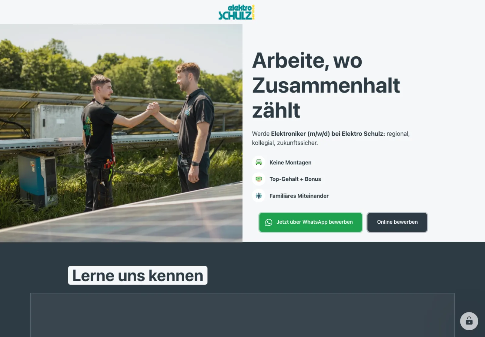 Recruiting-Landingpage von Elektro Schulz mit zwei Mitarbeitern auf einer Baustelle