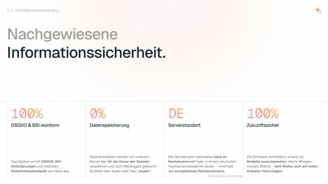 Informationssicherheit der Telefon-KI: DSGVO- und BSI-Anforderungen, keine Speicherung von Gesprächsdaten über die Session hinaus, Serverstandort Deutschland, austauschbare Modelle