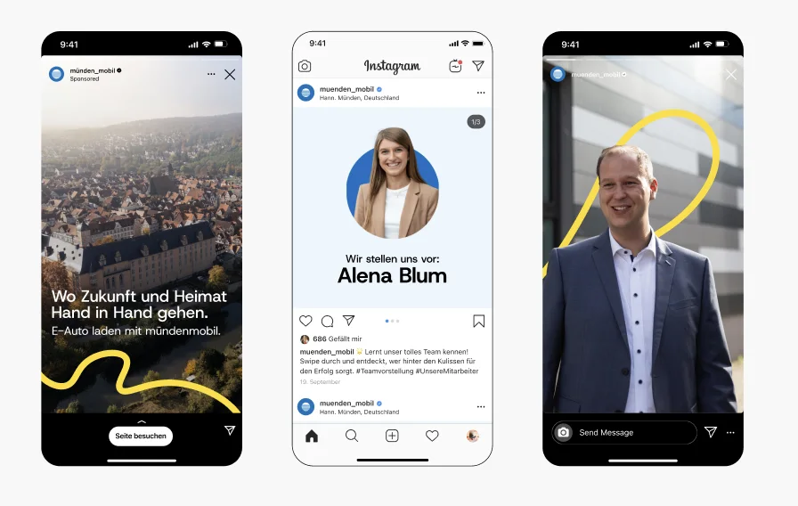 Social-Media-Kampagne von Mündenmobil in drei Smartphone-Mockups